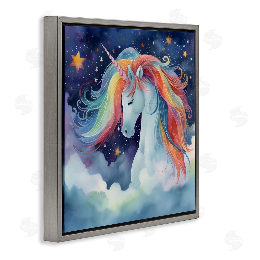 Creative Studio Rainbow Mane Unicorn in Clouds Gray Floating Frame Canvas Wall Art Print