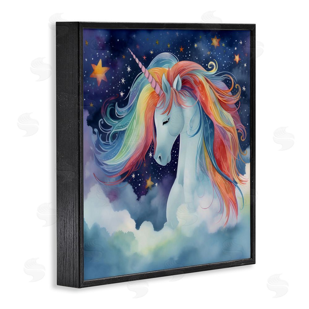 Creative Studio Rainbow Mane Unicorn in Clouds Black Framed Giclee Wall Art Print