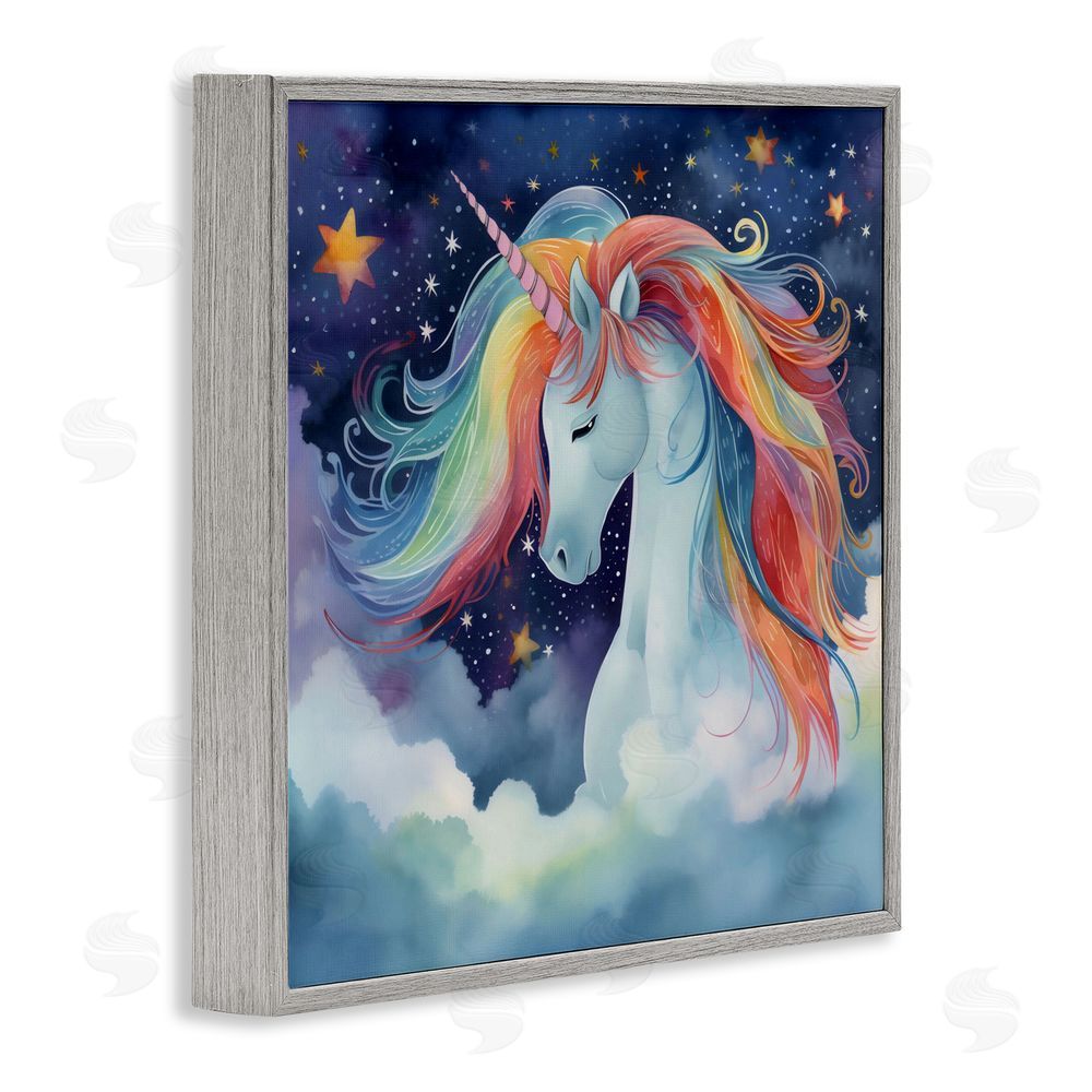 Creative Studio Rainbow Mane Unicorn in Clouds Gray Framed Giclee Wall Art Print