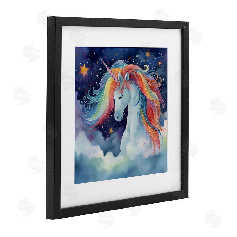 Creative Studio Rainbow Mane Unicorn in Clouds Black Framed Print Under Glass Wall Art