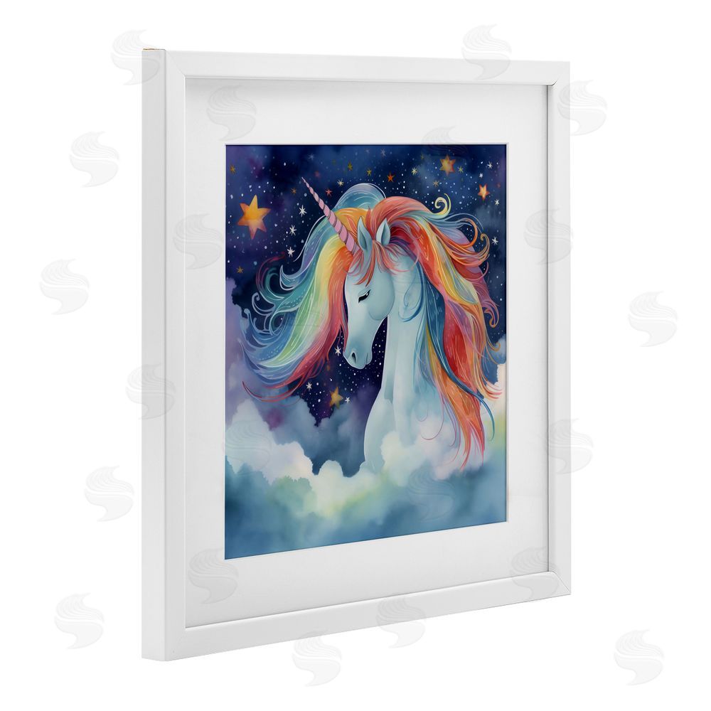 Creative Studio Rainbow Mane Unicorn in Clouds White Framed Print Under Glass Wall Art