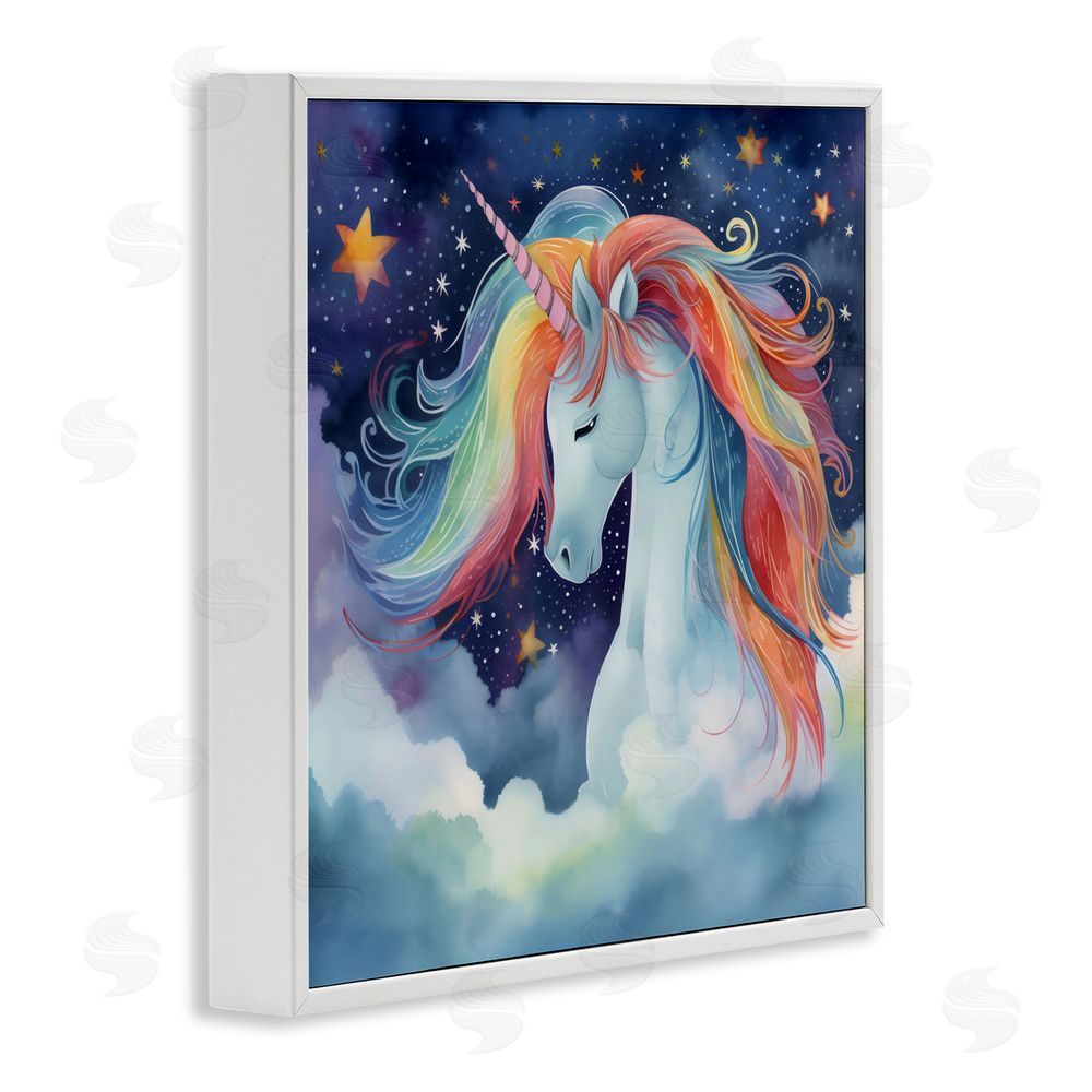 Creative Studio Rainbow Mane Unicorn in Clouds White Framed Giclee Wall Art Print