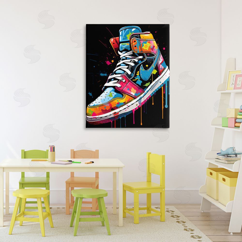 Creative Studio Graffiti Sneaker on Black Stretched Canvas Wall Art in Room