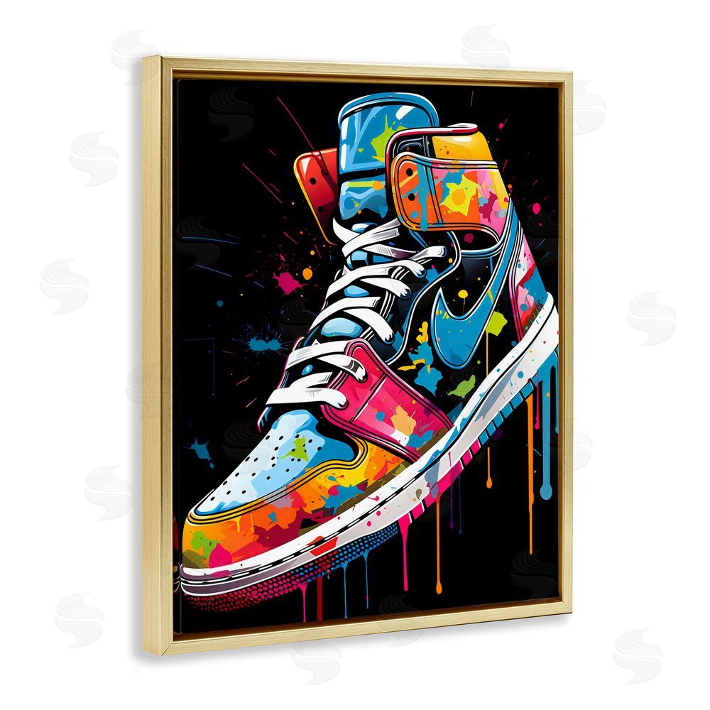 Creative Studio Graffiti Sneaker on Black Gold Floating Frame Canvas Wall Art