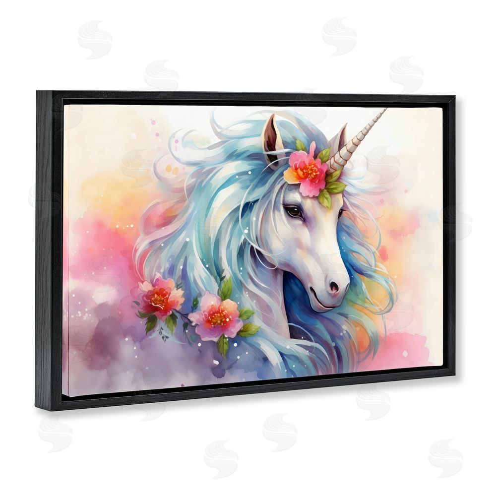 Creative Studio Magical Unicorn with Blossoms Black Floating Frame Canvas Wall Art