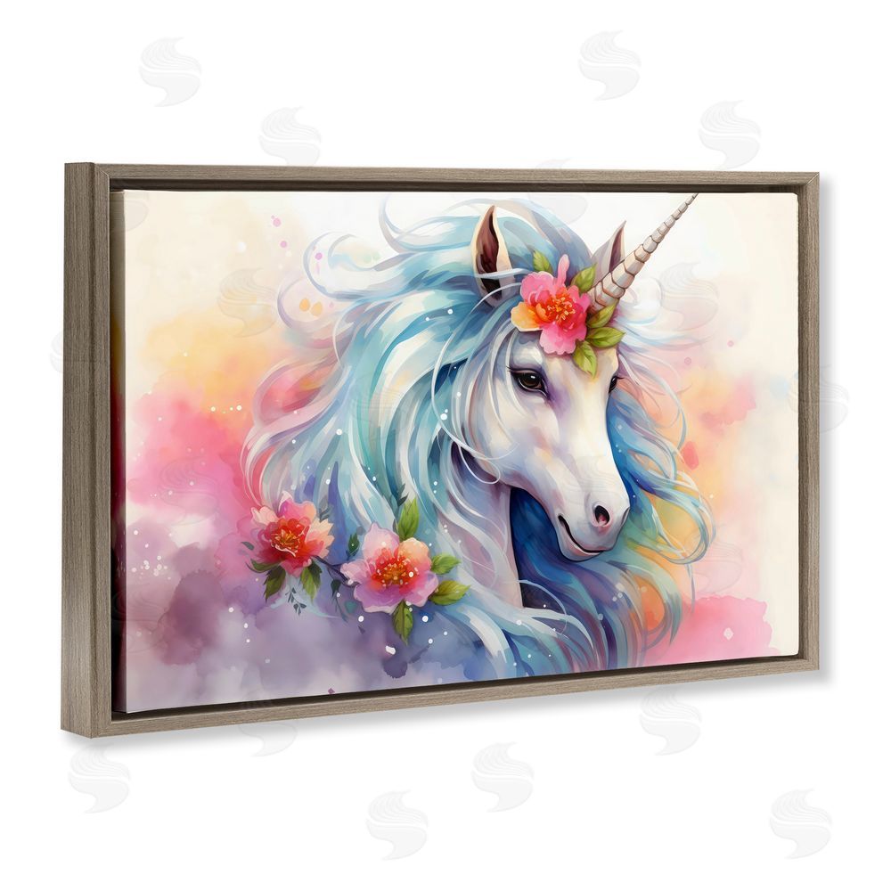 Creative Studio Magical Unicorn with Blossoms Brown Floating Frame Canvas Wall Art