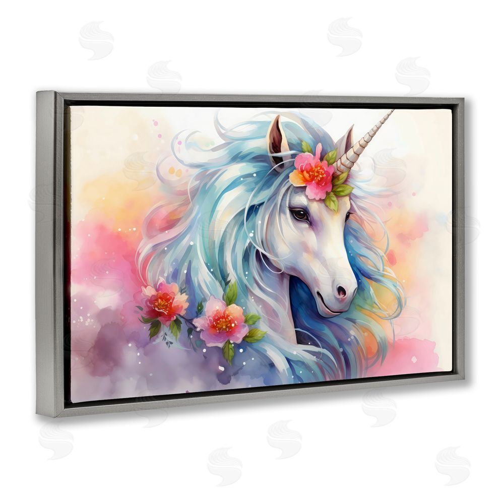 Creative Studio Magical Unicorn with Blossoms Gray Floating Frame Canvas Wall Art