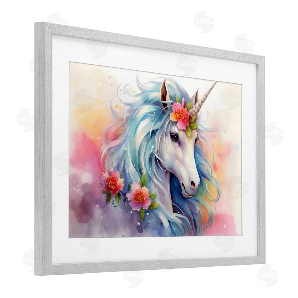 Creative Studio Magical Unicorn with Blossoms Gray Framed Print Under Glass with Mat Wall Art
