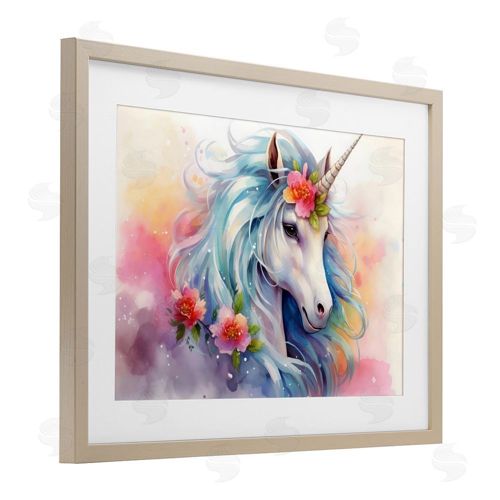 Creative Studio Magical Unicorn with Blossoms Brown Framed Print Under Glass with Mat Wall Art