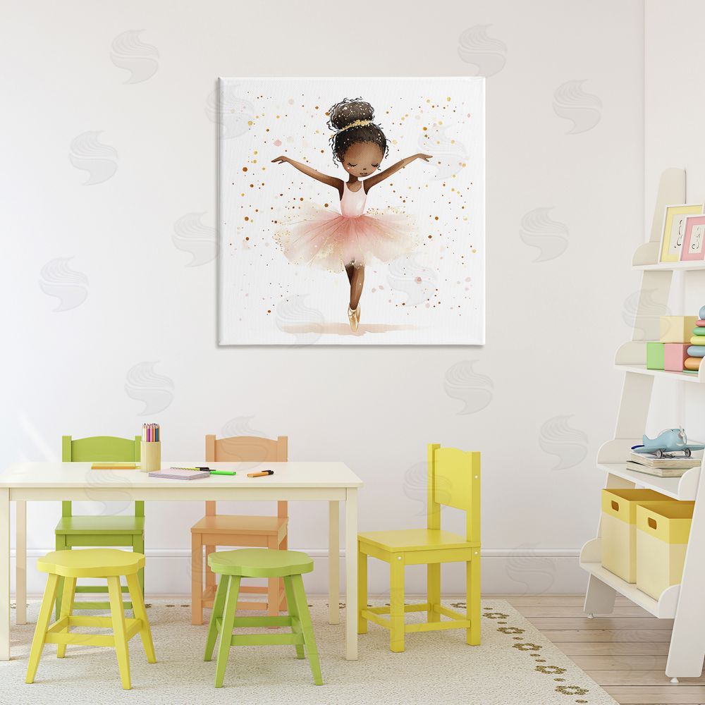 Creative Studio Pink Ballerina Girl with Gold Stretched Canvas Wall Art Print in Room