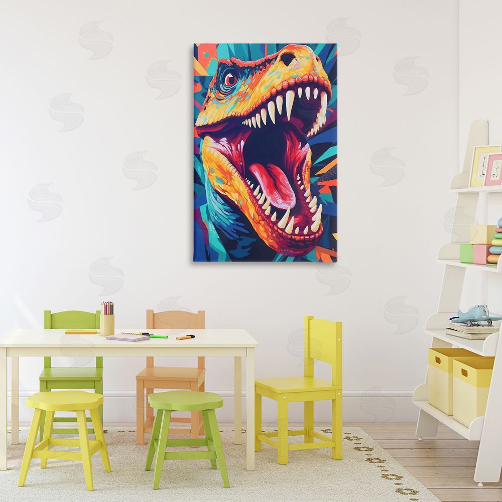 Creative Studio Pop Style Raptor Dino Stretched Canvas Wall Art Print in Room