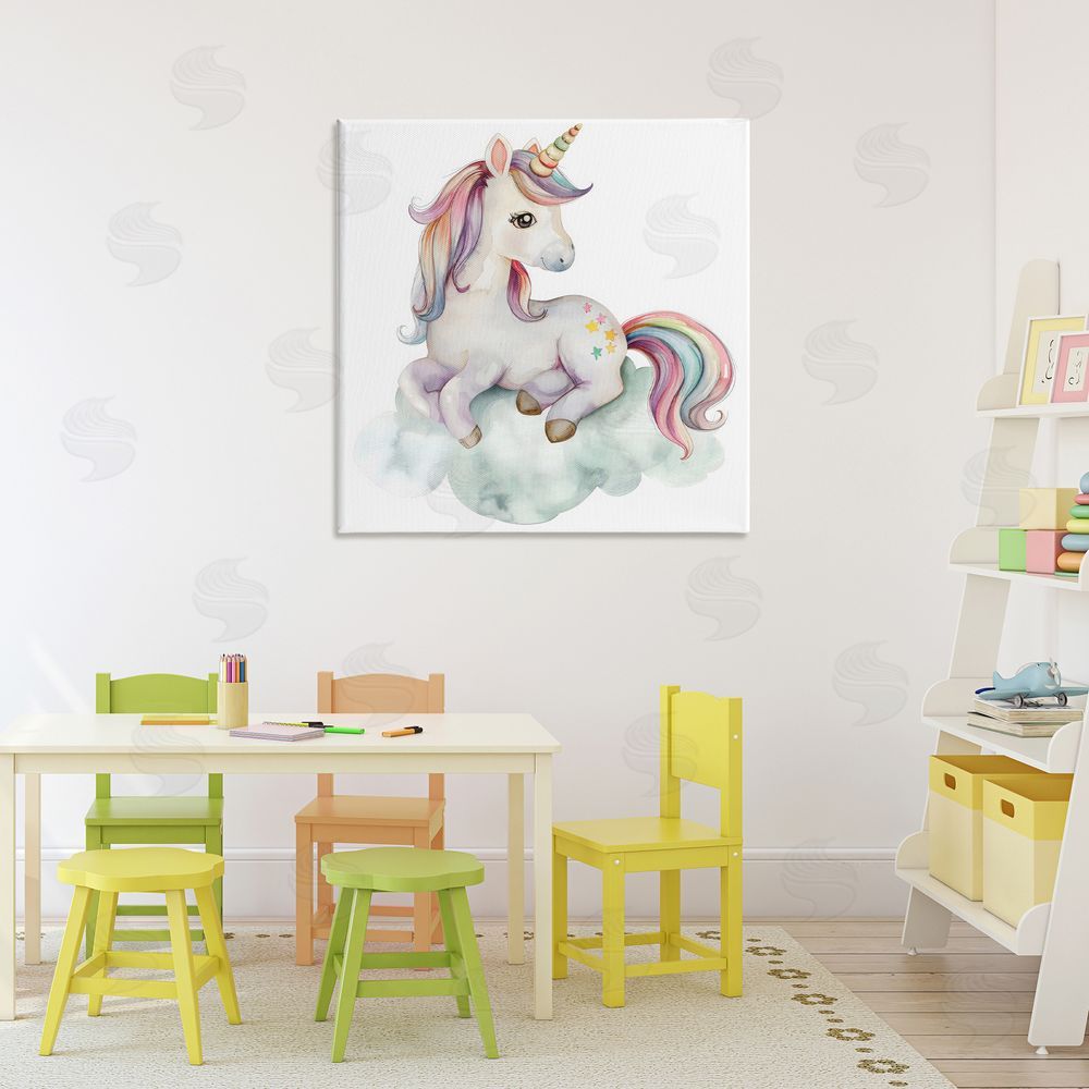 Creative Studio Rainbow Unicorn on Cloud Stretched Canvas Wall Art Print in Room
