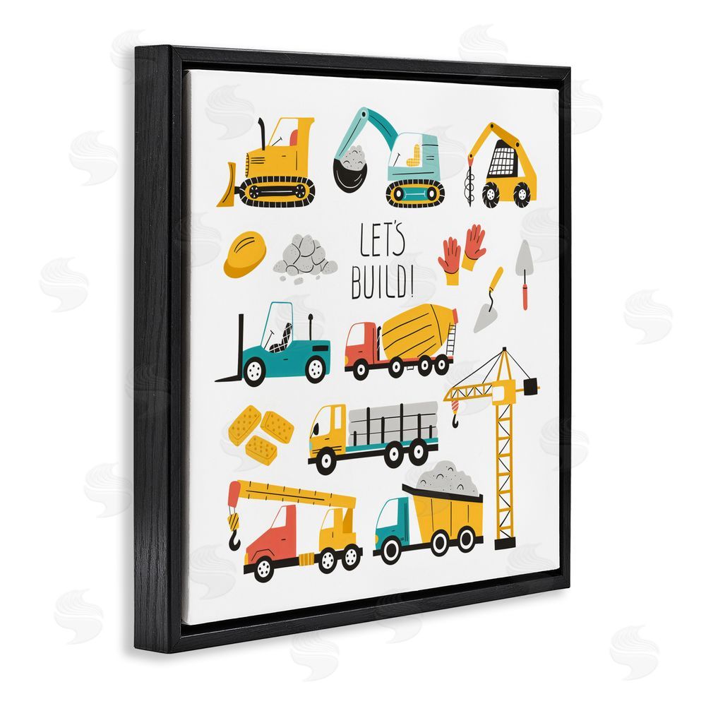 Creative Studio Let's Build Various Construction Trucks Black Floating Frame Canvas Wall Art