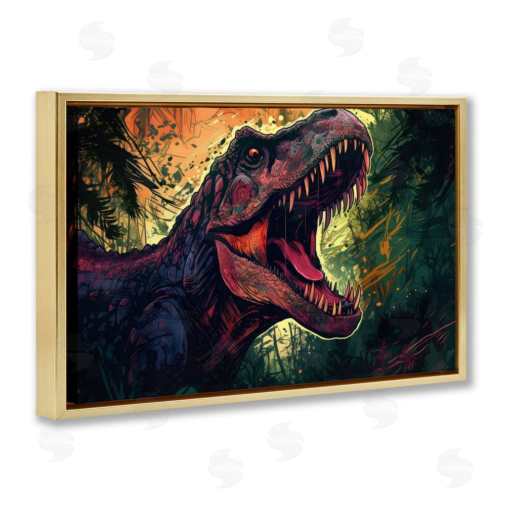 Creative Studio Dark Roaring T-Rex Gold Floating Frame Canvas Wall Art