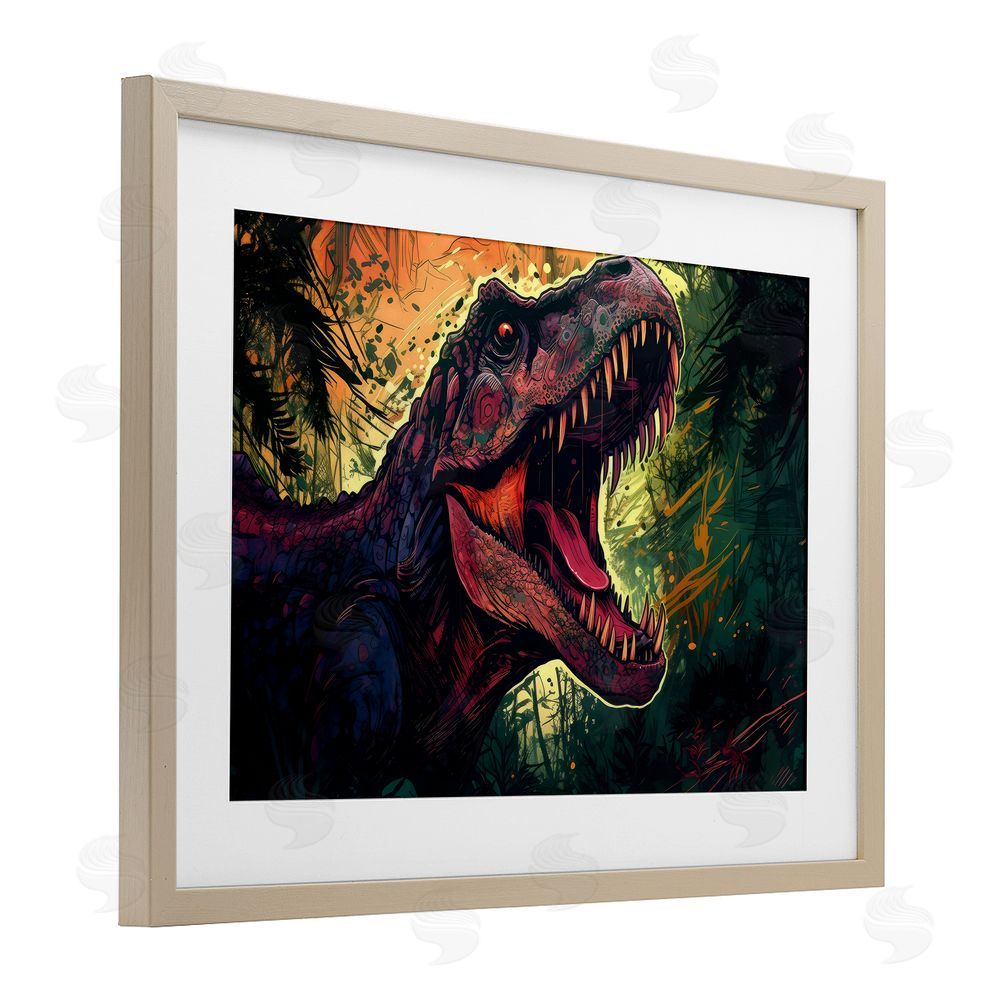 Creative Studio Dark Roaring T-Rex Brown Framed Print Under Glass with Mat Wall Art