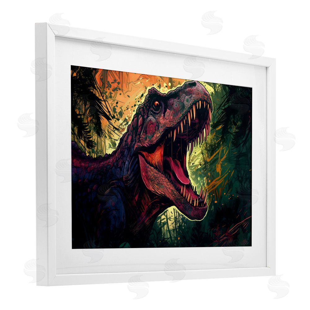 Creative Studio Dark Roaring T-Rex White Framed Print Under Glass with Mat Wall Art