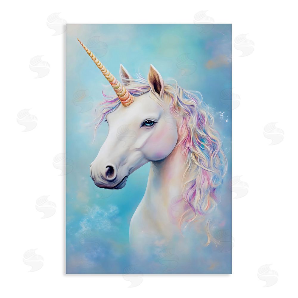 Creative Studio White Unicorn on Blue Stretched Canvas Wall Art Print