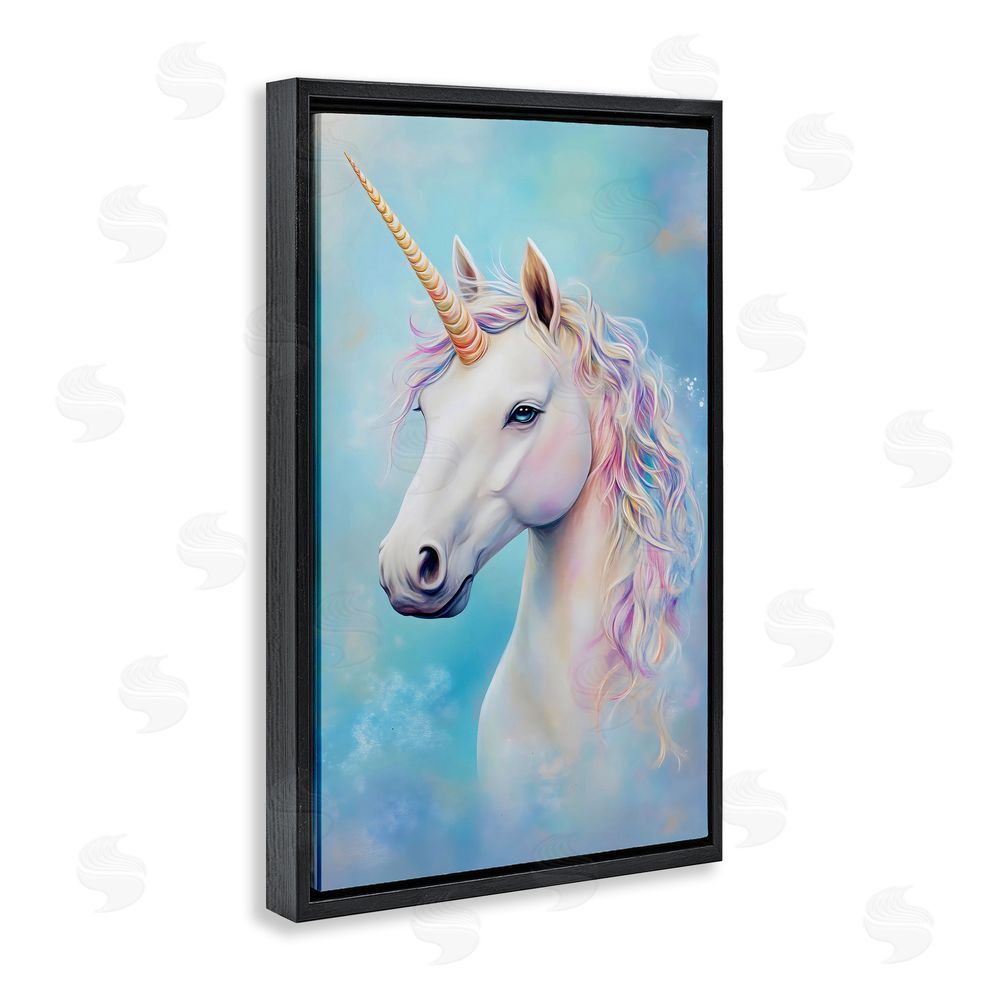 Creative Studio White Unicorn on Blue Black Floating Frame Canvas Wall Art Print