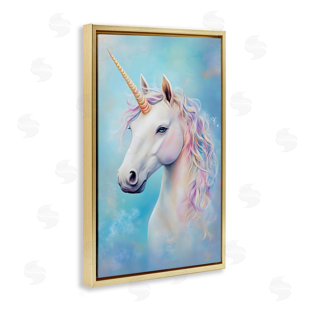 Creative Studio White Unicorn on Blue Gold Floating Frame Canvas Wall Art Print