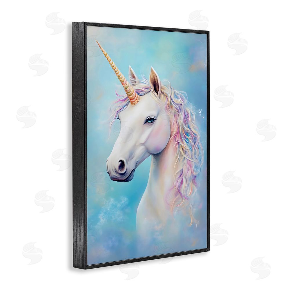 Creative Studio White Unicorn on Blue Black Framed Giclee Wall Art Print
