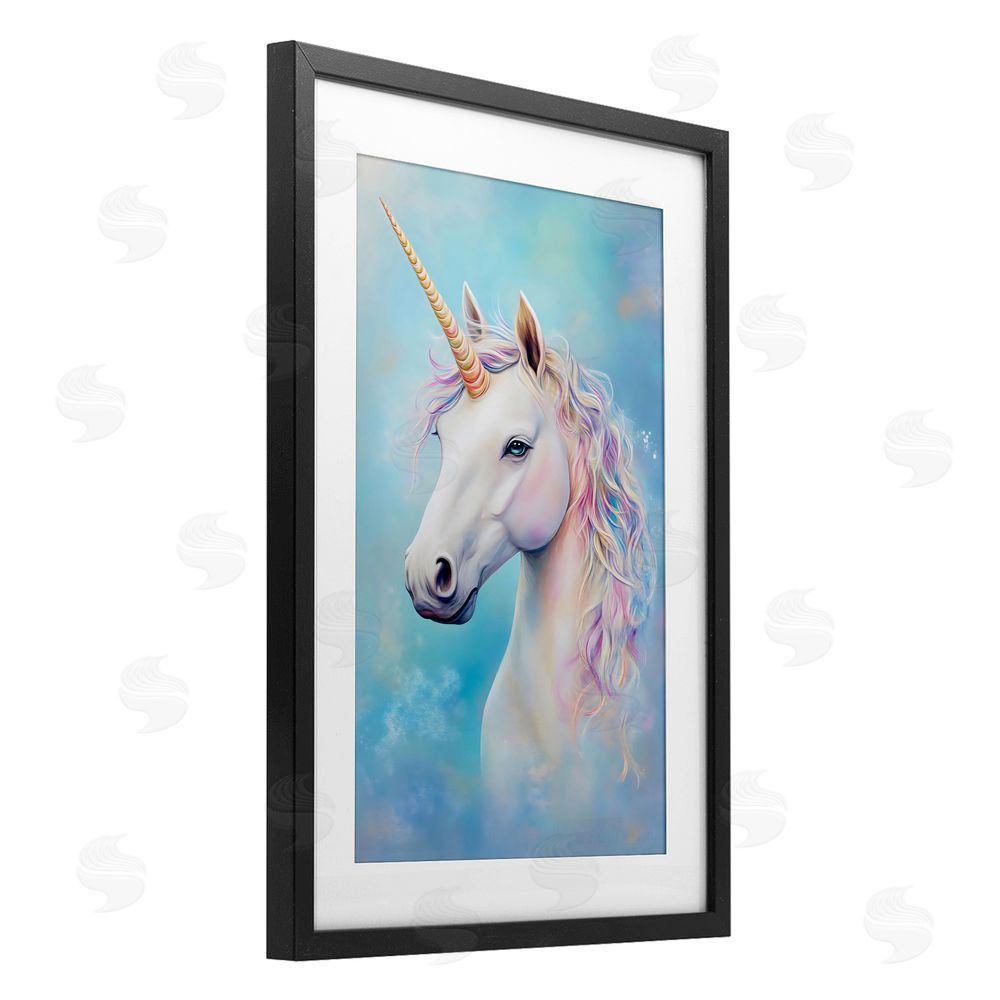 Creative Studio White Unicorn on Blue Black Framed Print Under Glass Wall Art