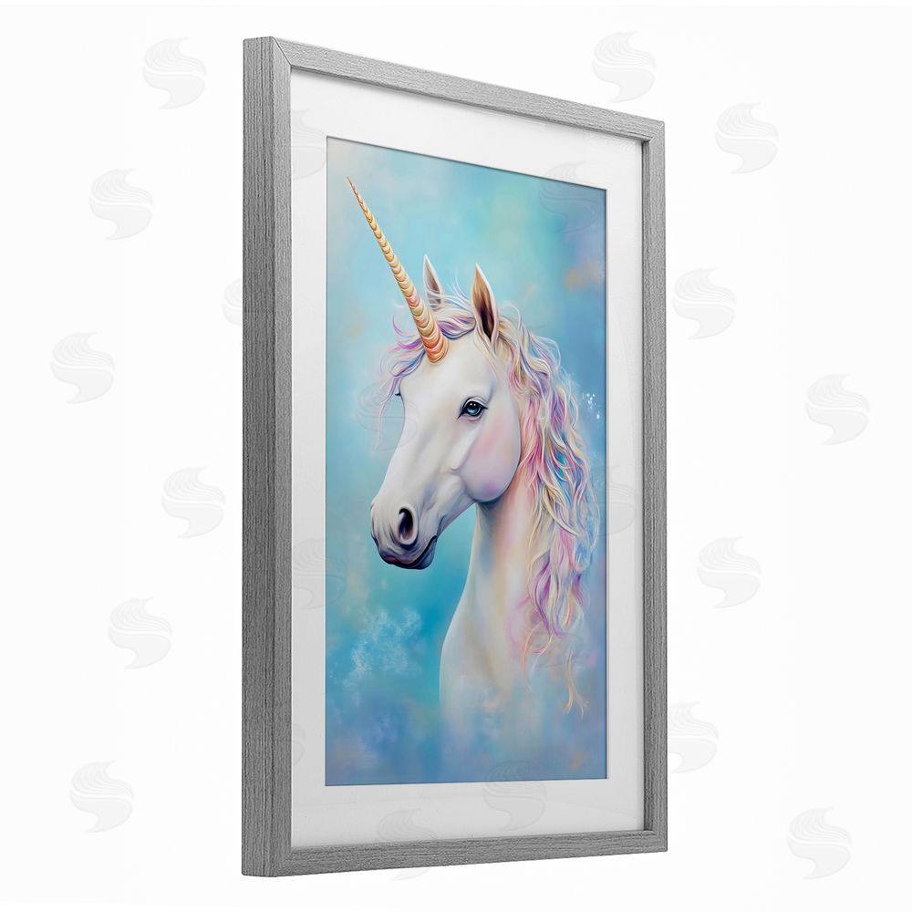 Creative Studio White Unicorn on Blue Gray Framed Print Under Glass Wall Art