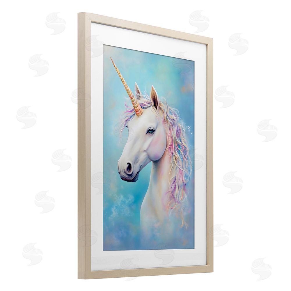 Creative Studio White Unicorn on Blue Brown Framed Print Under Glass Wall Art