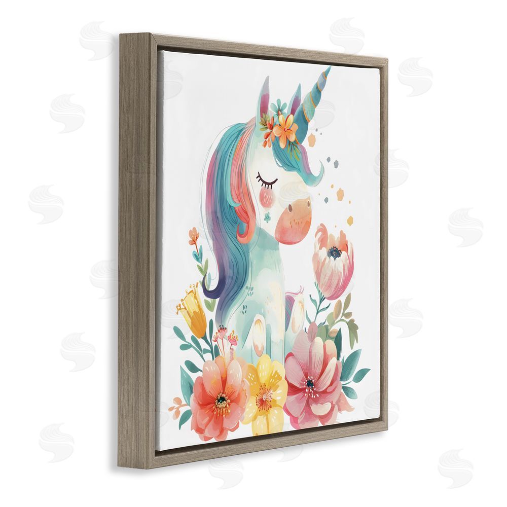 Creative Studio Whimsical Unicorn with Blossoms Brown Floating Frame Canvas Wall Art Print
