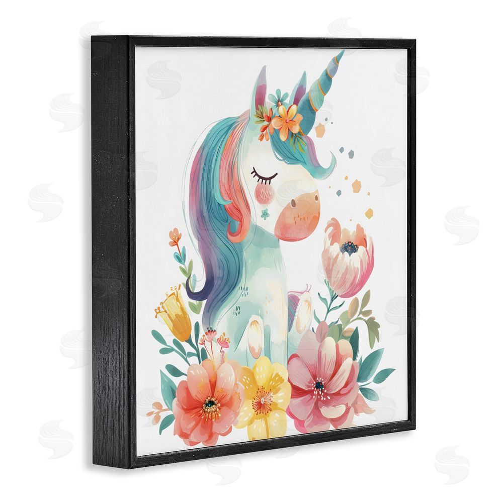 Creative Studio Whimsical Unicorn with Blossoms Black Framed Giclee Wall Art Print