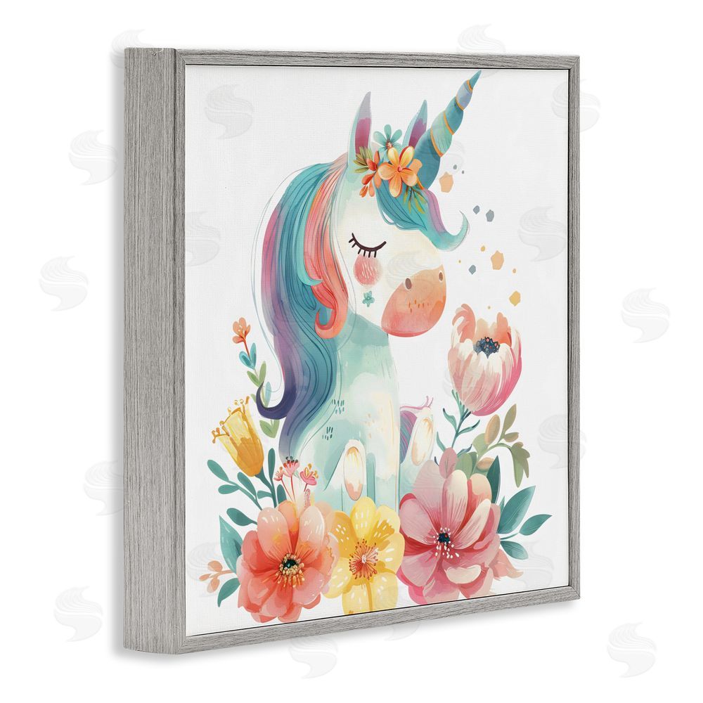 Creative Studio Whimsical Unicorn with Blossoms Gray Framed Giclee Wall Art Print