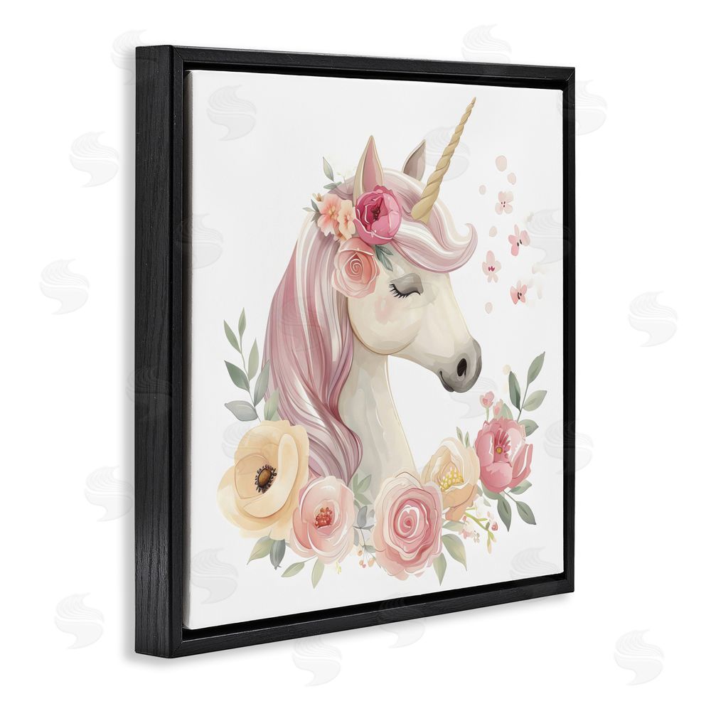 Creative Studio Unicorn with Floral Wreath Black Floating Frame Canvas Wall Art Print
