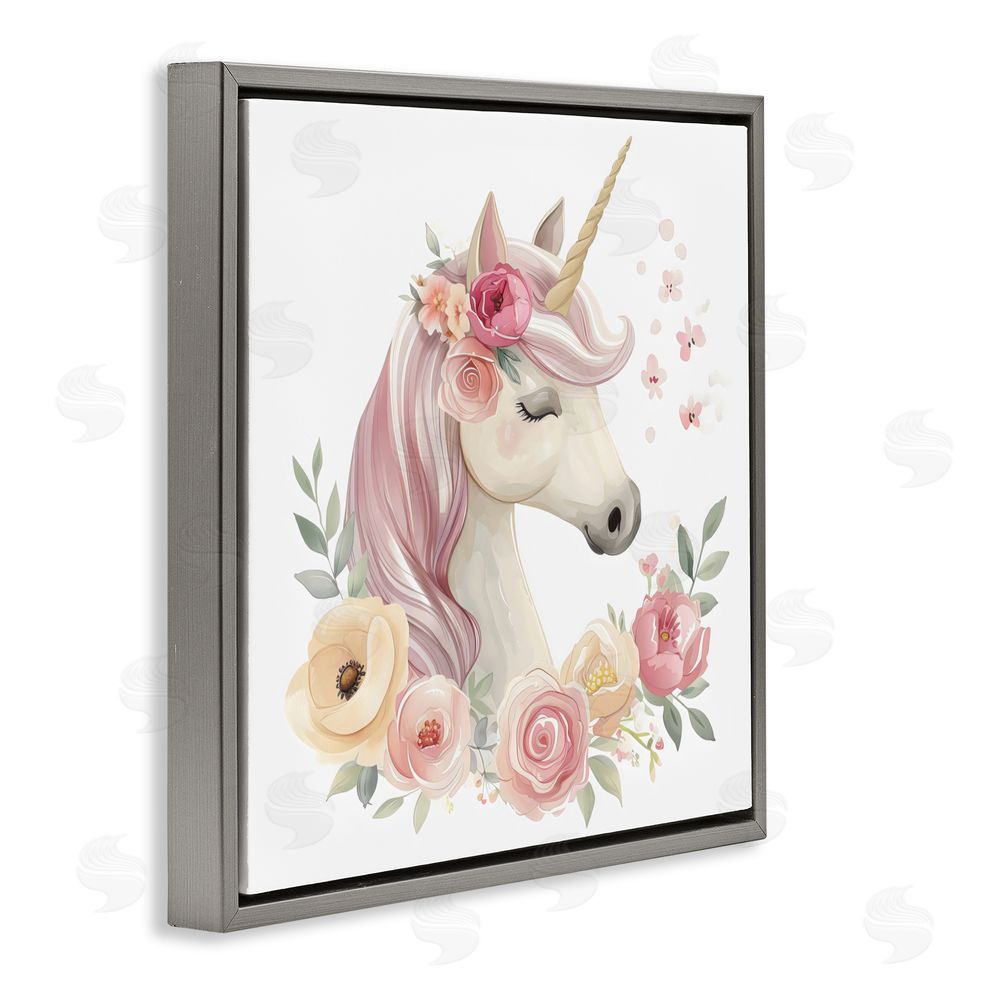 Creative Studio Unicorn with Floral Wreath Gray Floating Frame Canvas Wall Art Print