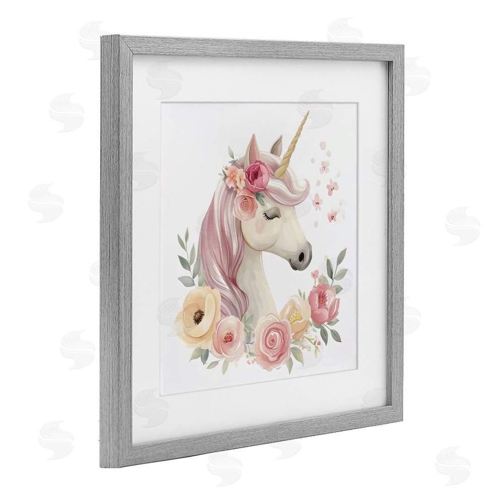 Creative Studio Unicorn with Floral Wreath Gray Framed Print Under Glass Wall Art