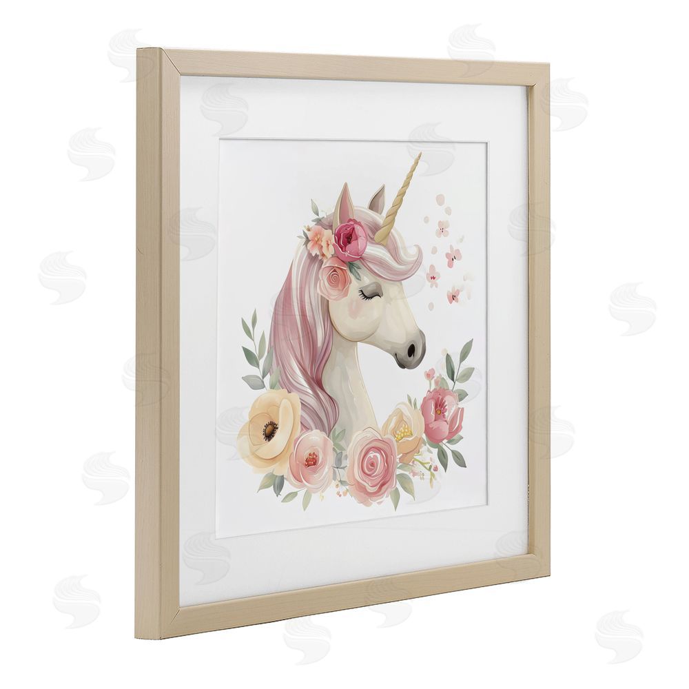 Creative Studio Unicorn with Floral Wreath Brown Framed Print Under Glass Wall Art