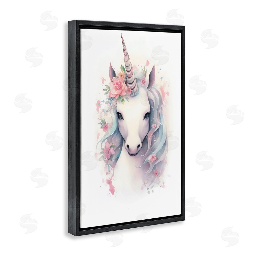 Creative Studio Unicorn with Pink Flower Crown Black Floating Frame Canvas Wall Art Print