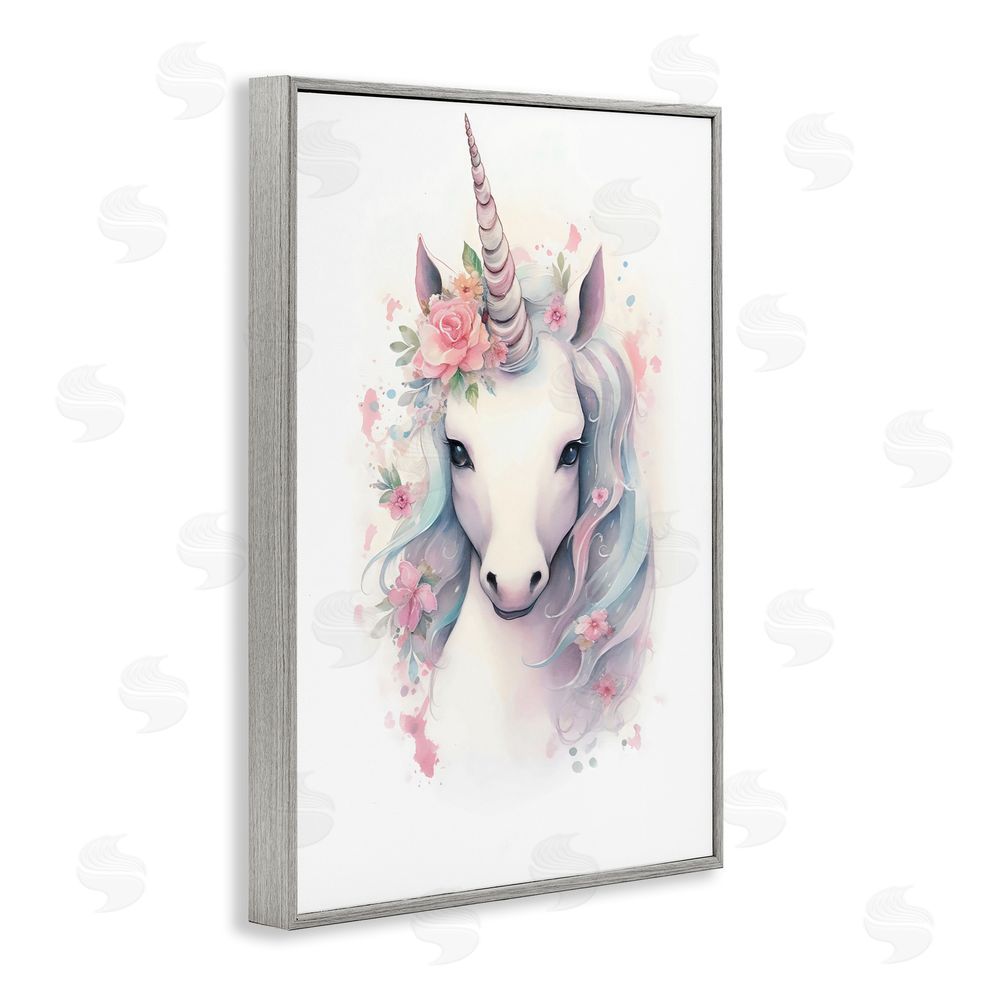 Creative Studio Unicorn with Pink Flower Crown Gray Framed Giclee Wall Art Print