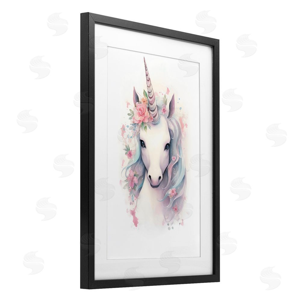 Creative Studio Unicorn with Pink Flower Crown Black Framed Print Under Glass Wall Art
