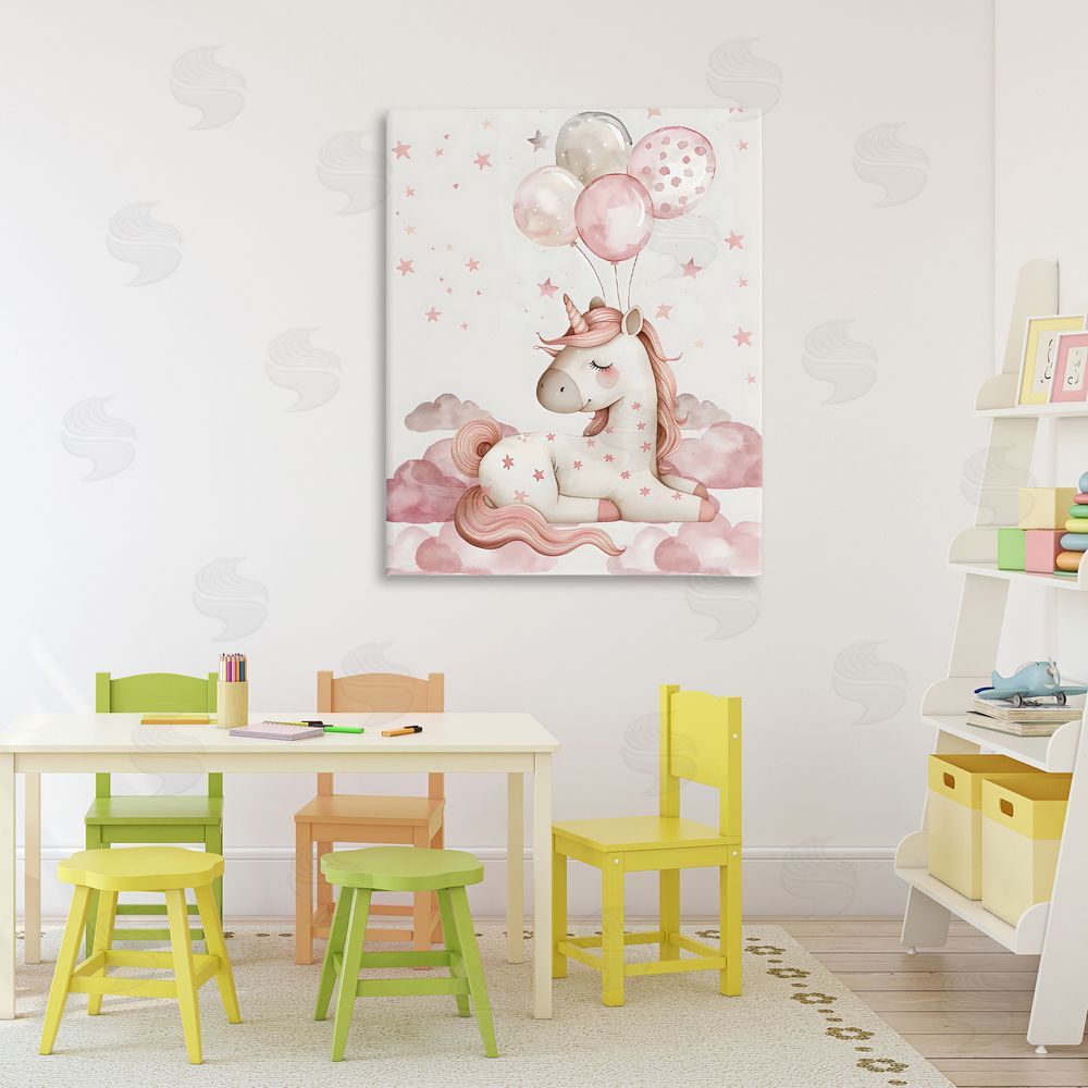 LSR Design Studio Pink Unicorn with Balloons Stretched Canvas Wall Art Print in Room