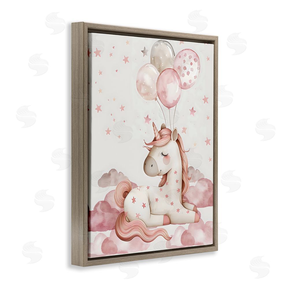LSR Design Studio Pink Unicorn with Balloons Brown Floating Frame Canvas Wall Art Print