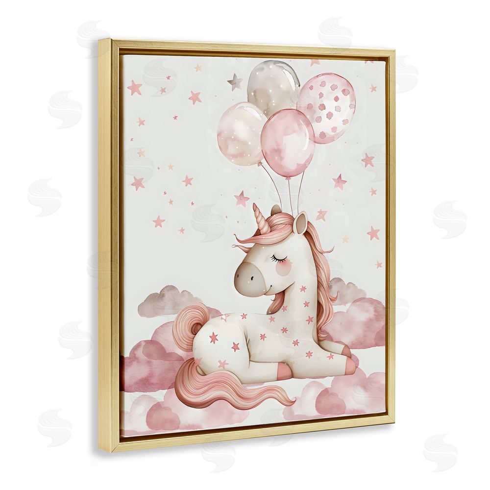 LSR Design Studio Pink Unicorn with Balloons Gold Floating Frame Canvas Wall Art Print