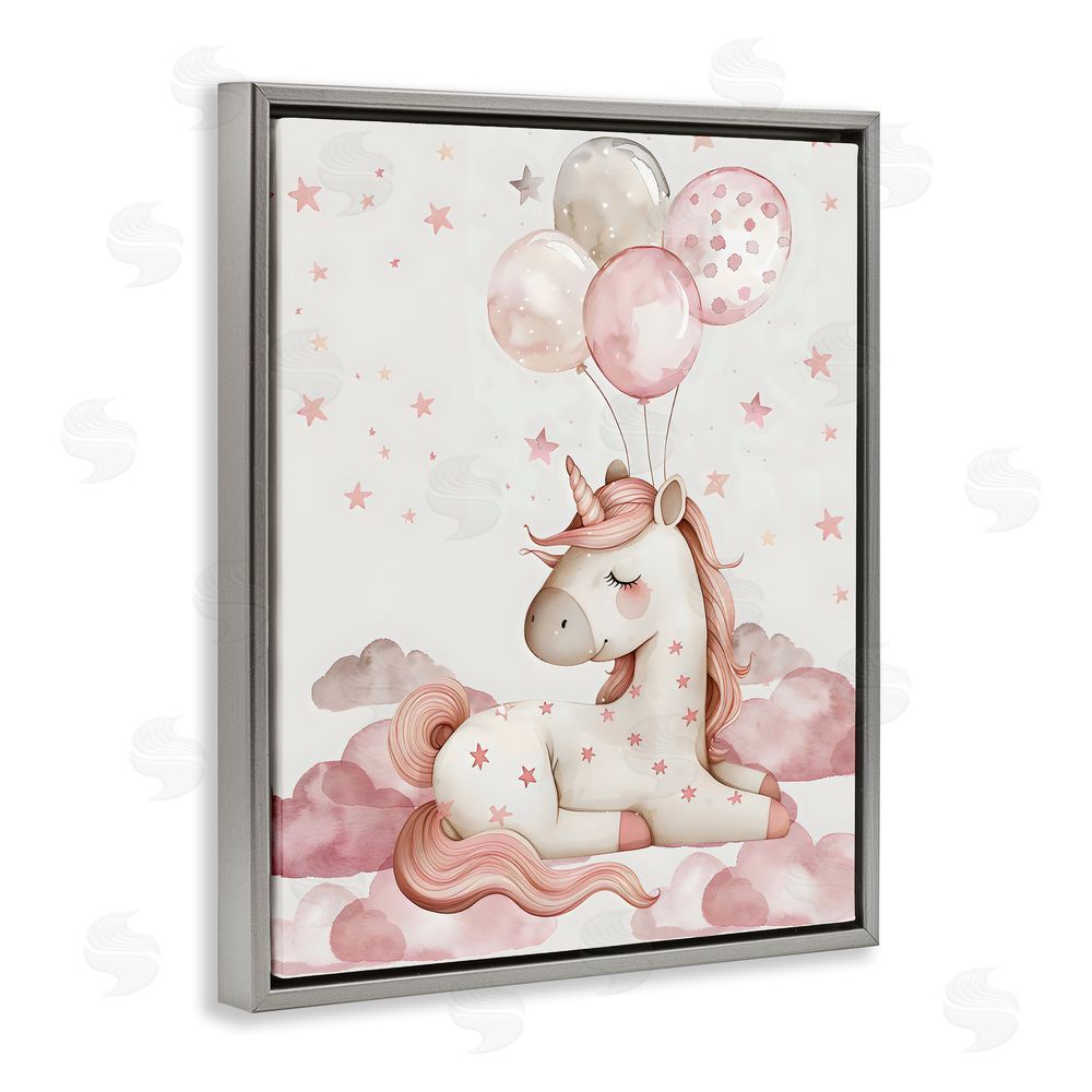 LSR Design Studio Pink Unicorn with Balloons Gray Floating Frame Canvas Wall Art Print