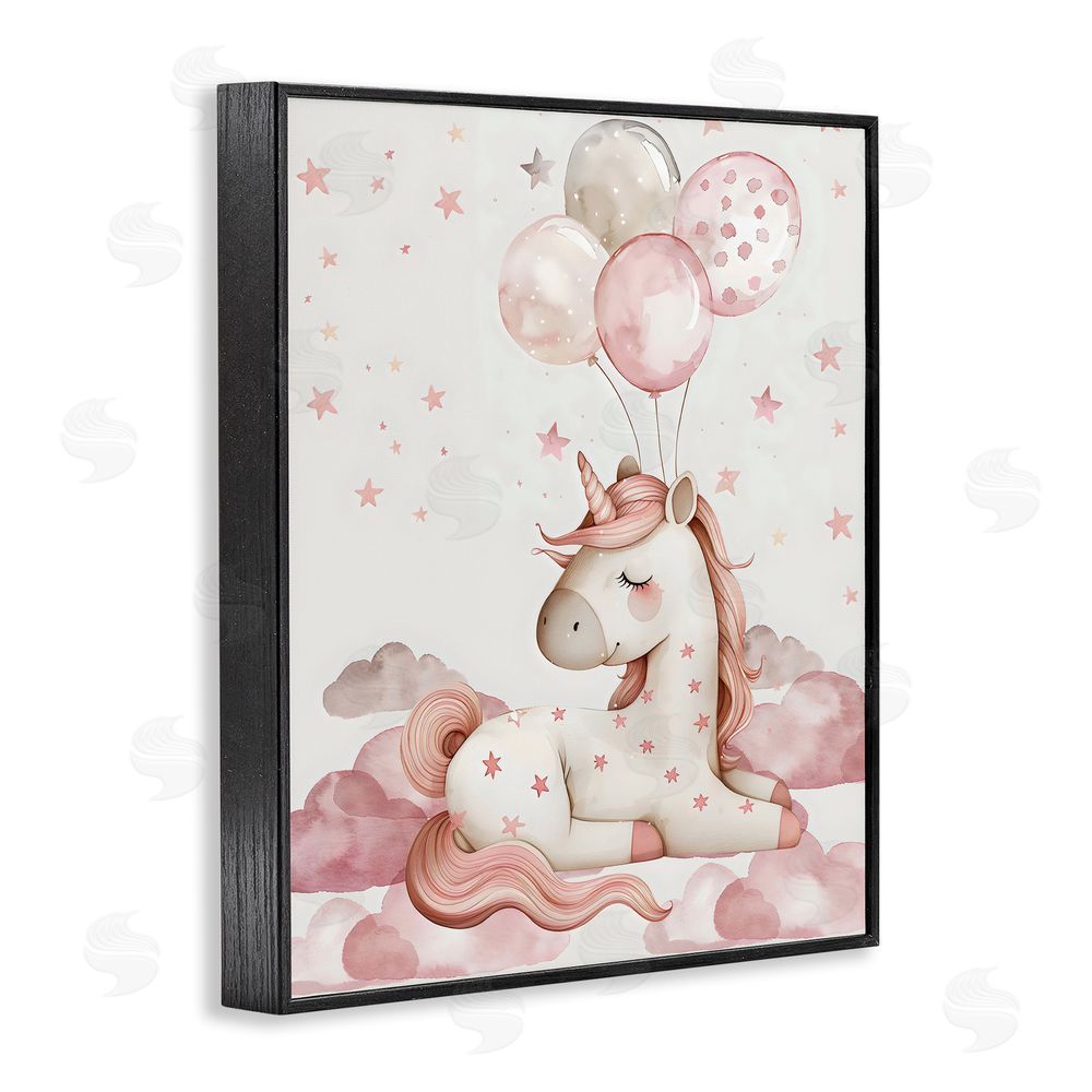 LSR Design Studio Pink Unicorn with Balloons Black Framed Giclee Wall Art Print