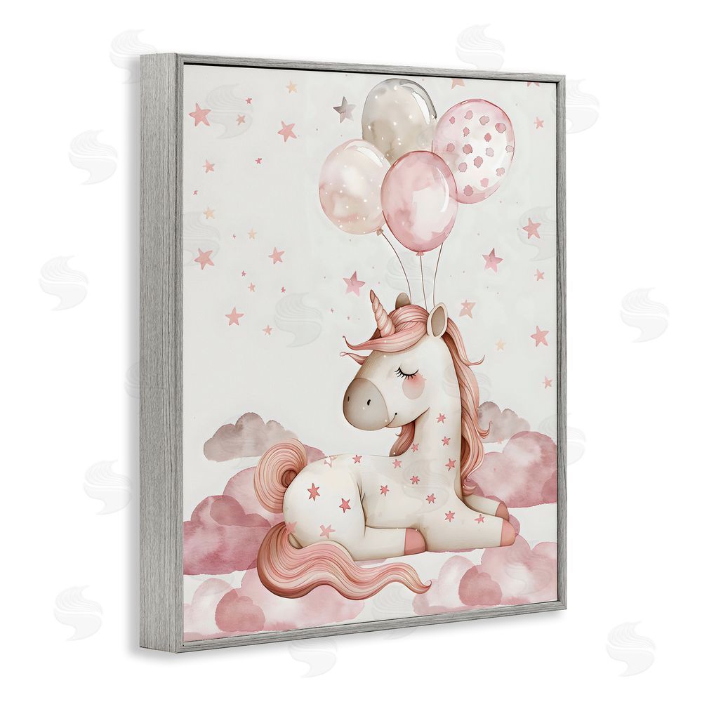 LSR Design Studio Pink Unicorn with Balloons Gray Framed Giclee Wall Art Print