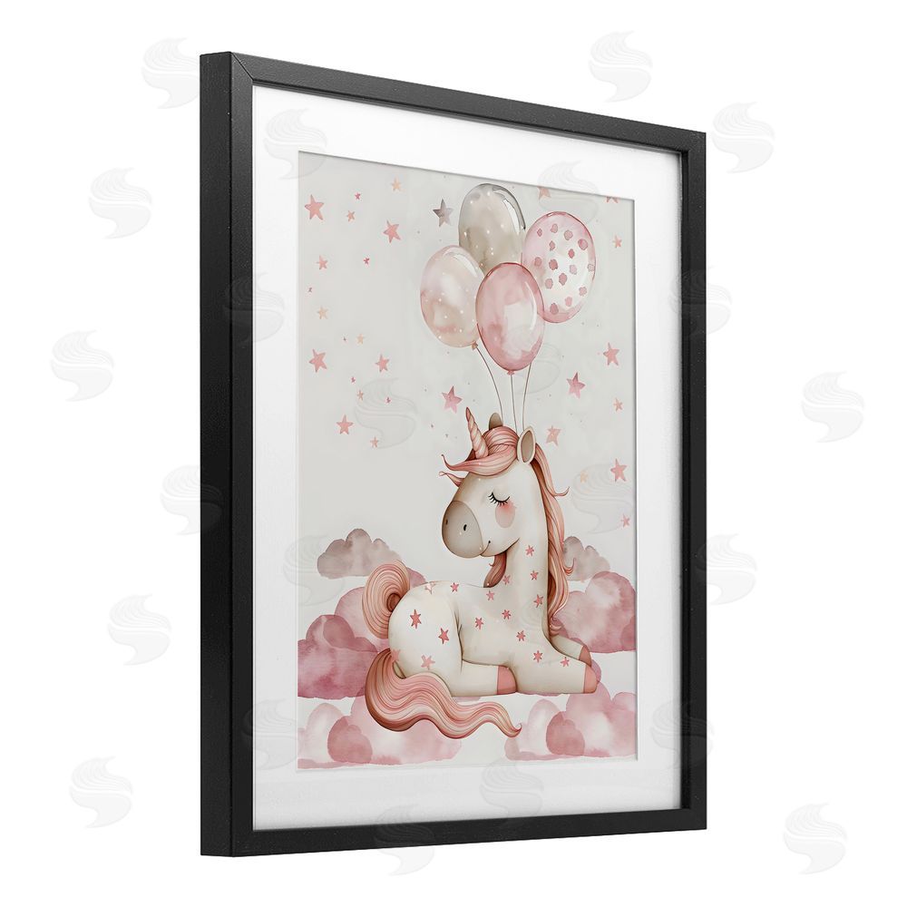 LSR Design Studio Pink Unicorn with Balloons Black Framed Print Under Glass Wall Art