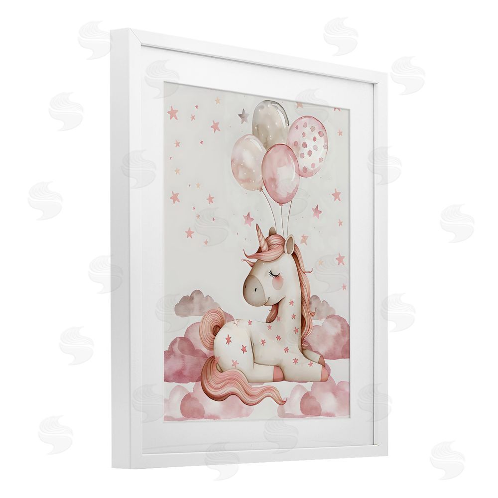 LSR Design Studio Pink Unicorn with Balloons White Framed Print Under Glass Wall Art