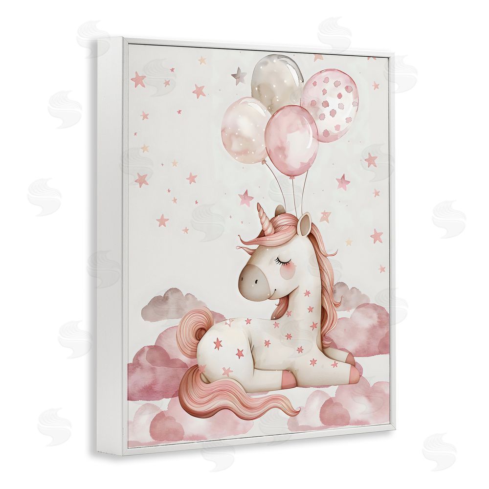 LSR Design Studio Pink Unicorn with Balloons White Framed Giclee Wall Art Print