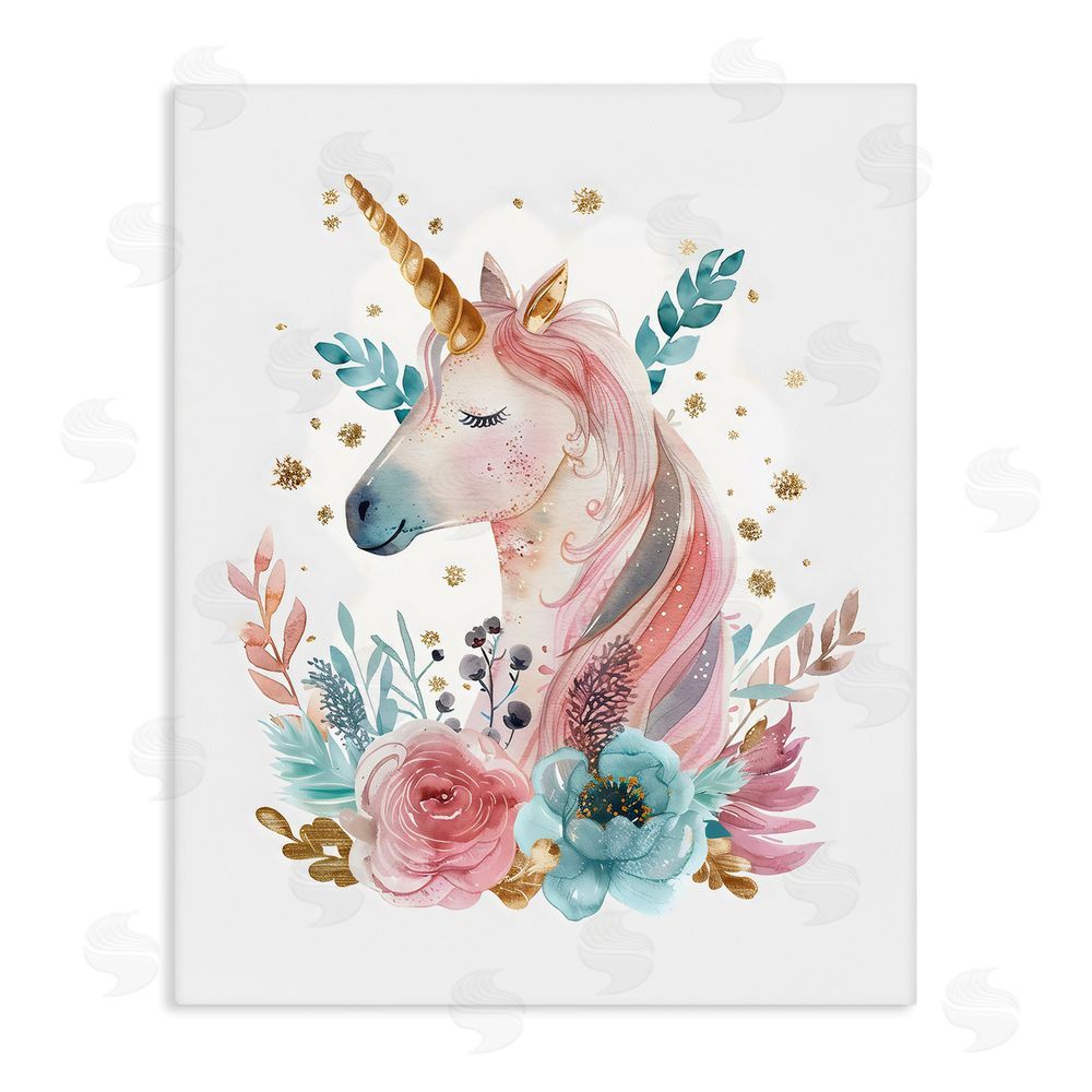 LSR Design Studio Floral Unicorn with Gold Details Stretched Canvas Wall Art