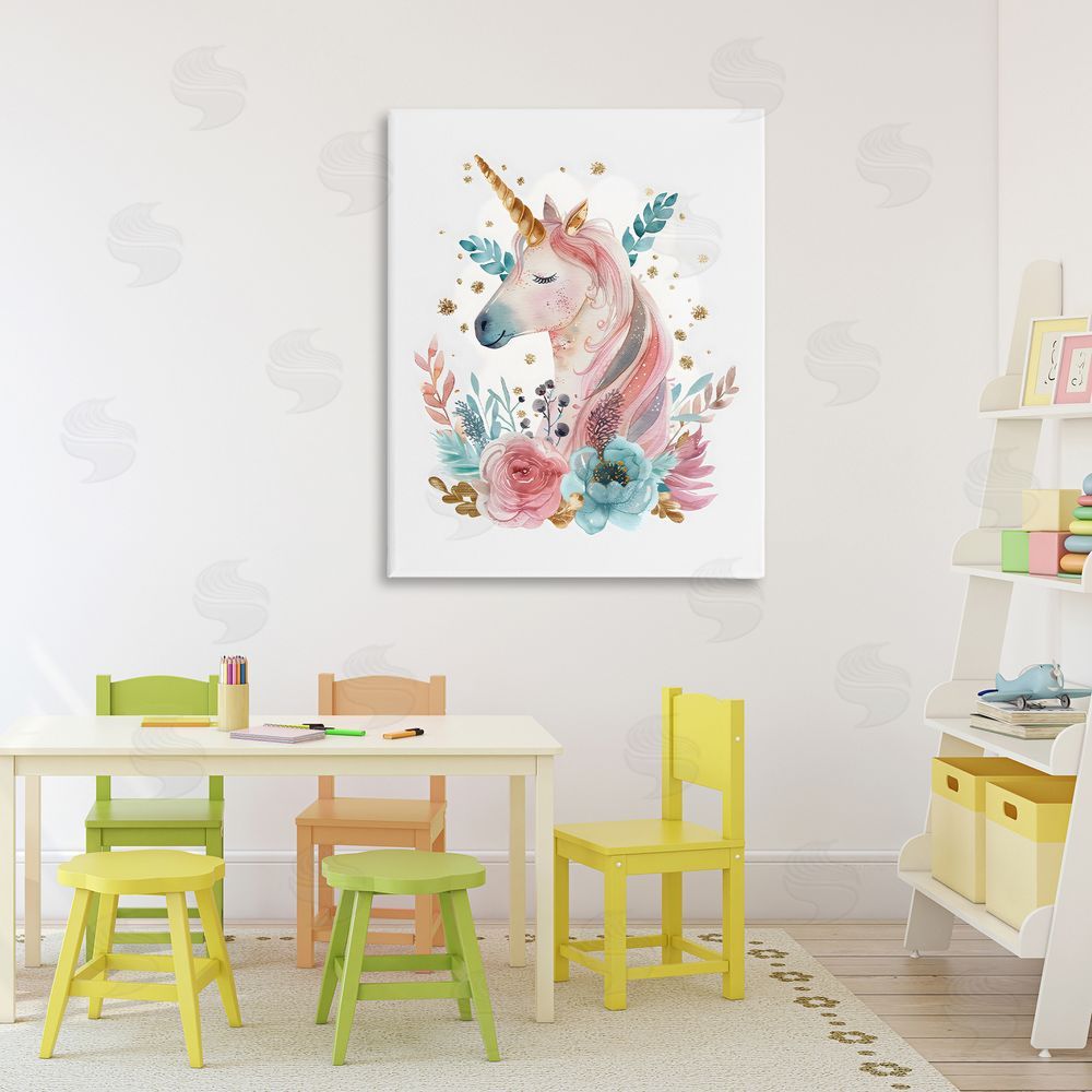 LSR Design Studio Floral Unicorn with Gold Details Stretched Canvas Wall Art in Room