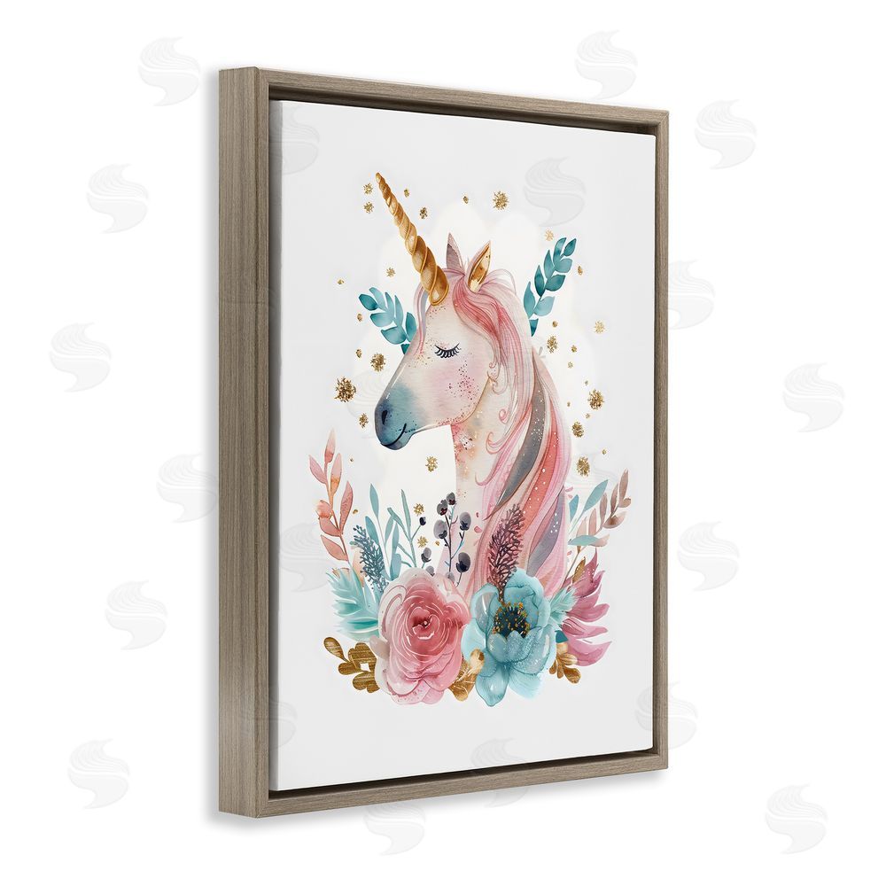 LSR Design Studio Floral Unicorn with Gold Details Brown Floating Frame Canvas Wall Art