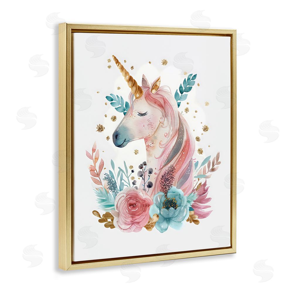 LSR Design Studio Floral Unicorn with Gold Details Gold Floating Frame Canvas Wall Art